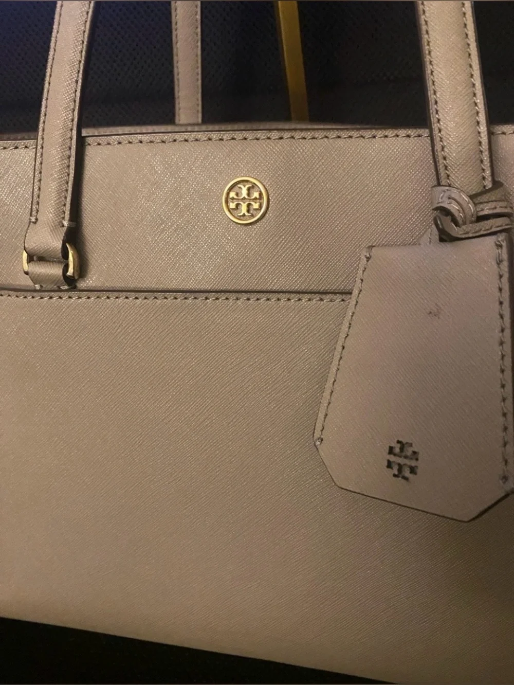 Tory Burch Taupe Saffiano Leather Tote with Logo Charm